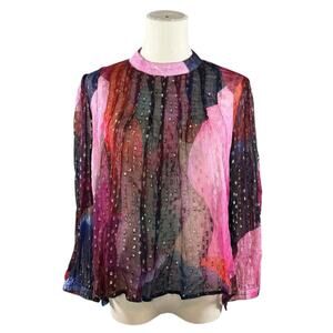 Oliphant Pleated Sheer Metallic Top | Multicolor Long Sleeve Blouse | Small